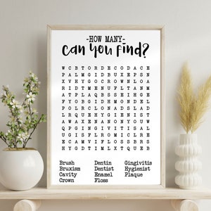 Dentistry word search poster, dental office wall decor, dental office decor, dental office art, dentistry, dental office wall art