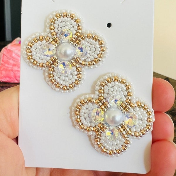 Handmade floral Beaded earrings, clover earrings, Swarovski crystal earrings, Eva Collection Beadwork Mother’s gift, gift for her…