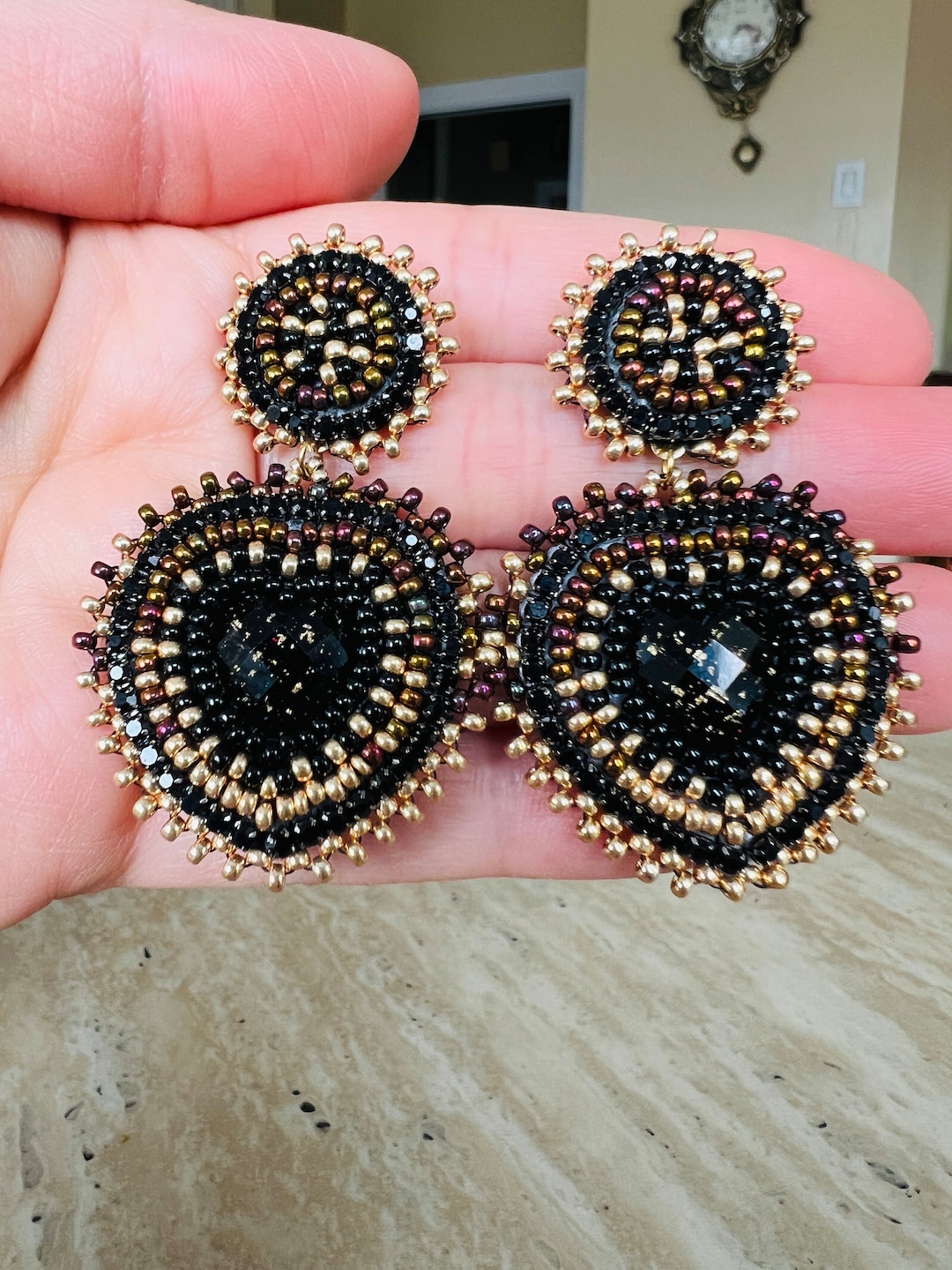 Black and Gold Heart Beaded Earrings, Eva Collection Beadwork Mother’s ...