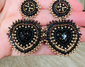 Handmade Black and Gold Heart Beaded earrings, Eva Collection Beadwork Mother’s gift, gift for her…