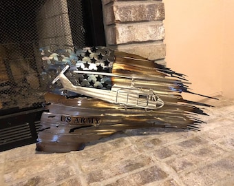 Tattered American Flag, Metal Art, Metal Wall Art, Home Decor, Metal Wall Decor, Army Huey Badage