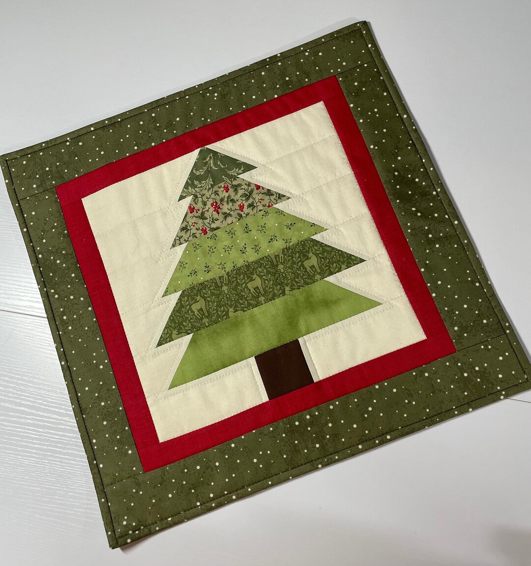 Quilted Christmas Tree Table Topper, Candle Mat, Table Runner