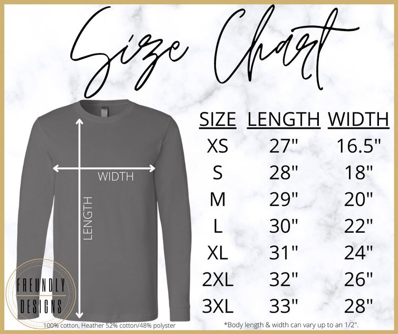 May include: Size chart for a long-sleeved shirt in grey. The chart shows the size, length, and width in inches for sizes XS to 3XL. The shirt is made of 100% cotton or a cotton and polyester blend.