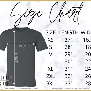 May include: Size chart for a t-shirt with measurements in inches. The chart shows the length and width of the shirt in sizes XS, S, M, L, XL, 2XL, and 3XL. The shirt is made of 100% cotton or a blend of 52% cotton and 48% polyester.