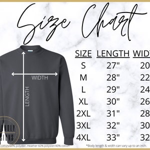 May include: Size chart for a sweatshirt with measurements in inches. The chart shows the length and width of the sweatshirt in sizes S, M, L, XL, 2XL, 3XL, and 4XL. The sweatshirt is dark gray.