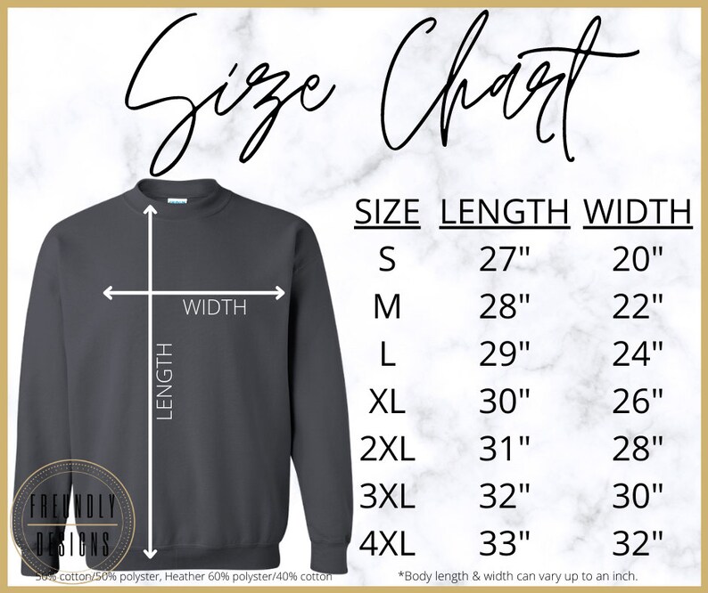 May include: Size chart for a sweatshirt with measurements in inches. The chart shows the length and width of the sweatshirt in sizes S, M, L, XL, 2XL, 3XL, and 4XL. The sweatshirt is dark gray.
