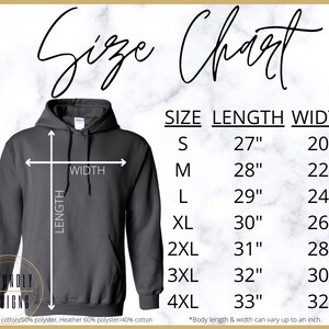 May include: Size chart for a hooded sweatshirt with measurements in inches. The chart shows the length and width of the sweatshirt in sizes S, M, L, XL, 2XL, 3XL, and 4XL. The text "*Body length & width can vary up to an inch." is at the bottom of the chart.