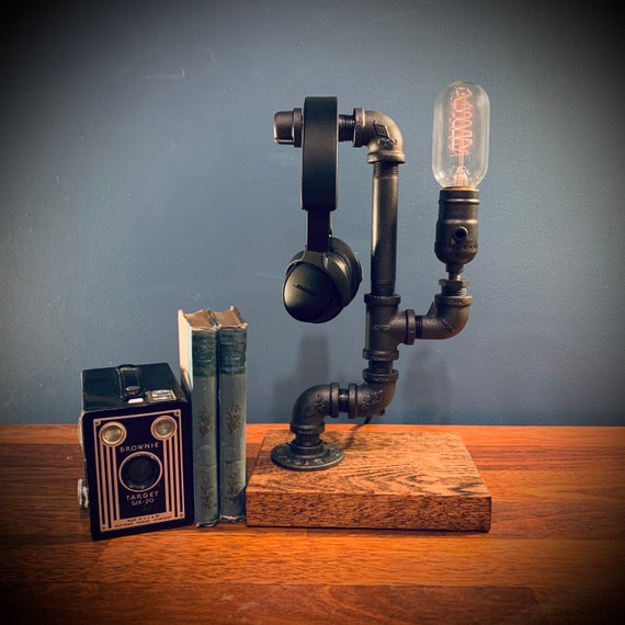 Headphone stand - industrial steampunk lamp for desk, table or bedside