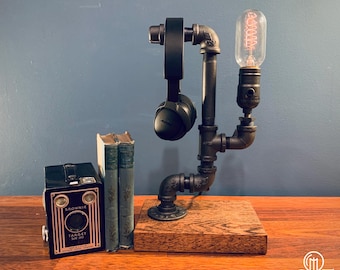 Soporte para auriculares: soporte industrial para auriculares de gamer, de escritorio o de mesita de noche Steampunk