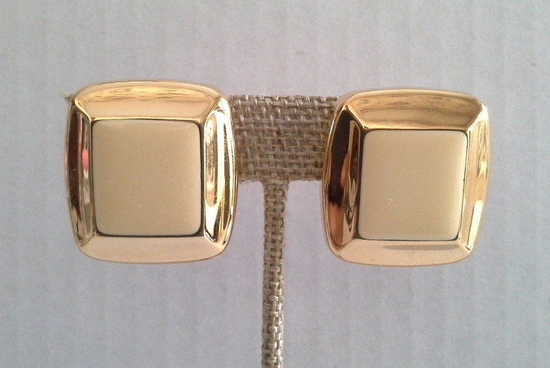 Enamel Clip Earrings Vintage Napier Jewelry Neutral Clip Gold Tone Earrings Napier Earrings Square Earrings