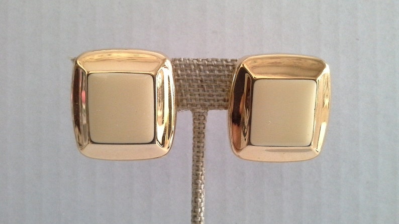 Enamel Clip Earrings Vintage Napier Jewelry Neutral Clip Gold Tone Earrings Napier Earrings Square Earrings
