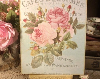 Shabby Chic, French Country Pink Roses Handcrafted Plaque / Sign