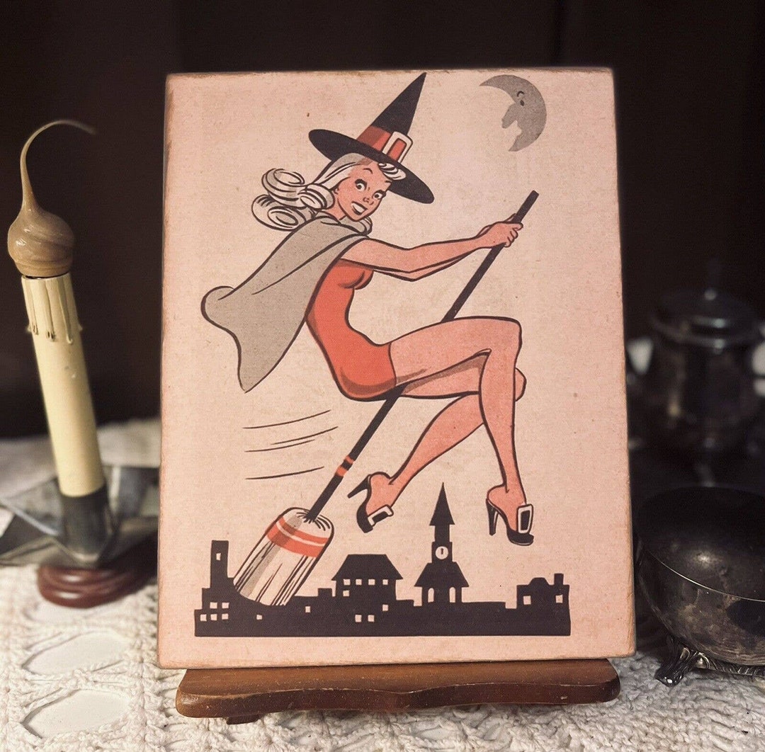Kitschy Halloween Pin up Witch Riding Broom RETRO Etsy