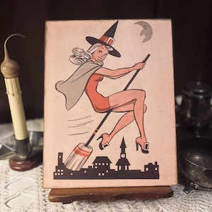 Kitschy Halloween, Pin Up Witch Riding Broom, RETRO Handcrafted Plaque / Sign