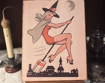 Kitschy Halloween, Pin Up Witch Riding Broom, RETRO Handcrafted Plaque / Sign