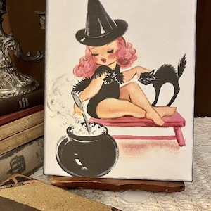 Retro Kitschy Halloween Little Witch Girl With Cat Handcrafted Plaque / Sign #1