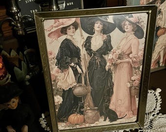 Pretty Witches , Vintage Gold Frame, Framed Print