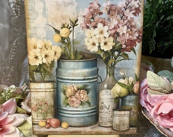 Shabby Chic Tins & Jars Flowers French Country Cottage Handcrafted Plaque #7