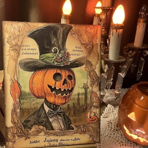May include: A vintage Halloween postcard featuring a jack-o'-lantern with a top hat and bow tie. The jack-o'-lantern is standing in a graveyard with other pumpkins and skeletons. The text on the postcard reads "Anläss od'olpc Jokeeeueel!" and "Gail wazone medizil".