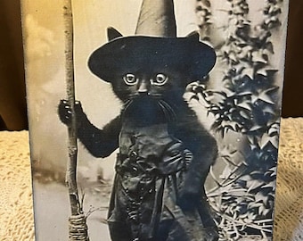 Victorian Witchy Black Cat, Vintage Halloween, Handcrafted Plaque / Sign A