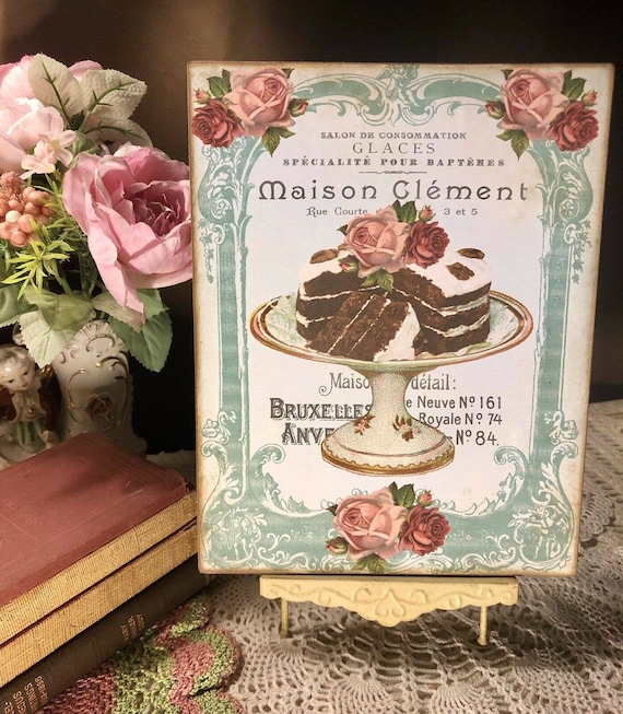Chocolate Cake Pink Roses, French Shabby Chic Handcrafted Plaque / Sign