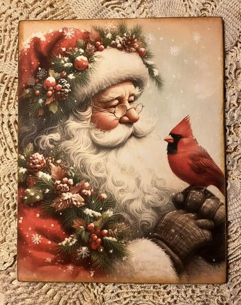 Santa With Cardinal, Red Bird, Christmas Handcrafted Plaque / Sign #2 ...