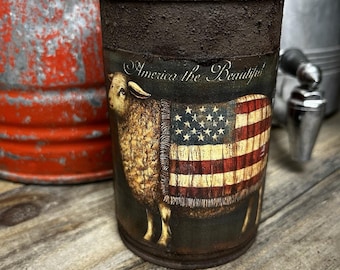Handcrafted Prim Tin Can, Sheep Flag, Americana Patriotic, Label Grubby Grungy