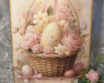 Shabby Chic, Easter Basket, Dreamy Pastels, Flowers HANDCRAFTED Plaque Sign #2