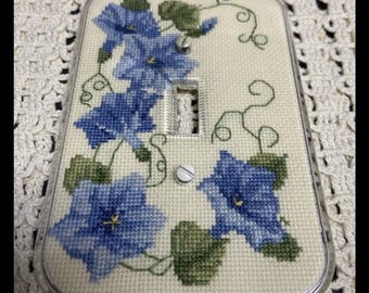 Vintage Blue Morning Glories Cross Stitch Light Single Switch Cover Handmade