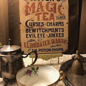 Witch's Magic Tea, Potions Cures, Vintage Style Advertisement, Handcrafted Plaque / Sign