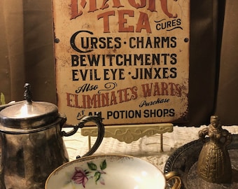 Witch&#39;s Magic Tea, Potions Cures, Vintage Style Advertisement, Handcrafted Plaque / Sign