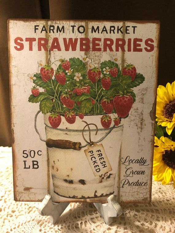 Strawberry Bucket, Strawberries, Farmhouse, Handcrafted Plaque, Handmade Sign