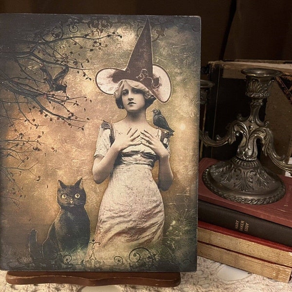 Romantic Victorian Witch, Black Cat, Handcrafted Plaque / Sign