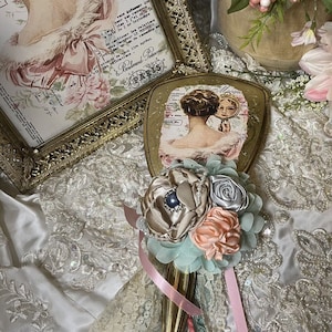 Shabby Chic Cottage Antique Vanity Hand Mirror, Lady Romance