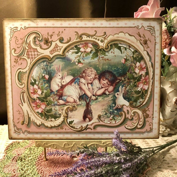 Victorian Children Sleeping Bunny Rabbits Shabby Chic Handcrafted Plaque / Sign