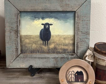 Primitive Sheep, Handcrafted, Rustic UpCycled Wood Frame, OOAK Framed Print