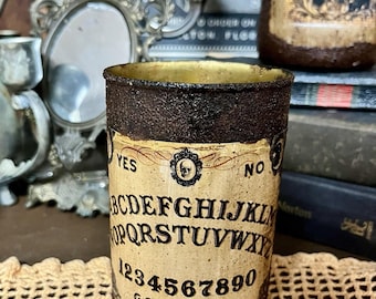 Handcrafted Prim Tin Can, Ouija, Label Grungy