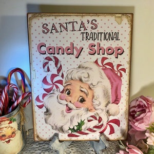 Santa&#39;s Candy Shop,  Pink Christmas, RETRO Handcrafted Plaque / Sign