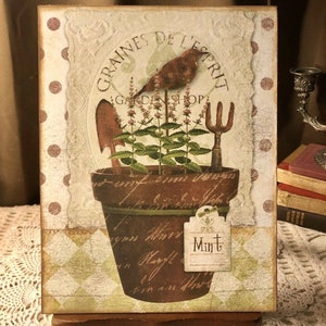 MINT Herb Pot, Garden, Rusty Bird, Handcrafted Plaque / Sign