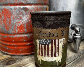 Handcrafted Prim Tin Can, Sheep Flag, Americana, Let Freedom Ring, Grungy