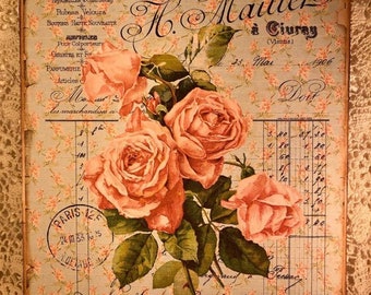 Shabby Chic Pink Roses, Paris Invoice, Vintage Style Handcrafted Plaque / Sign