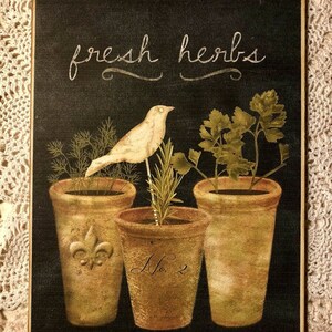 May include: A black chalkboard sign with the text "fresh herbs" in white script. Three terracotta pots with different herbs are depicted, with a white bird perched on a branch in the center pot. The pots are labeled with numbers.