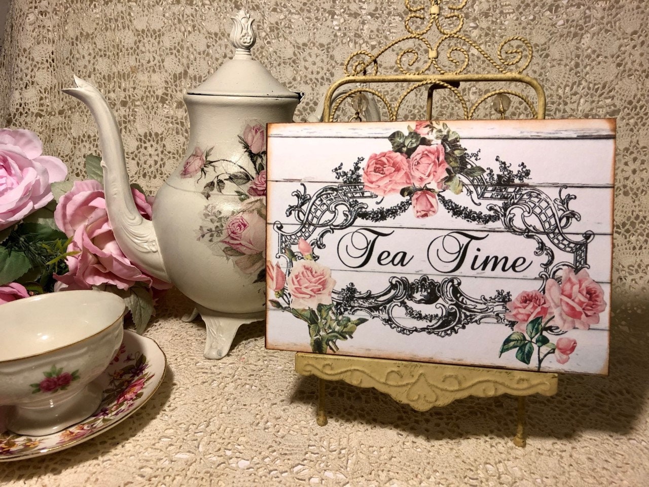 Tea Time Vintage Style Shabby Chic Plaque / Sign 5x7