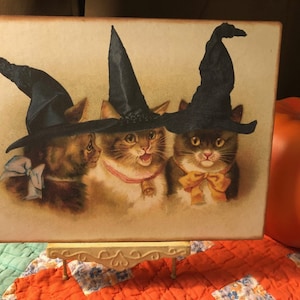 Victorian Witchy Cats, 3 Kitties Wearing Witch Hats, Vintage Halloween, Handcrafted Plaque / Sign