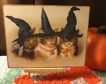 Victorian Witchy Cats, 3 Kitties Wearing Witch Hats, Vintage Halloween, Handcrafted Plaque / Sign