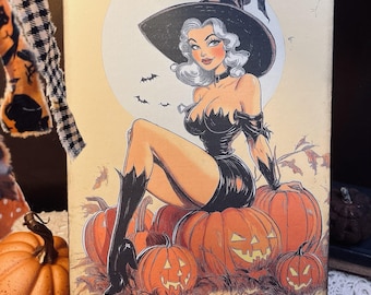 Kitschy Halloween, Pin Up Girls Series, RETRO Handcrafted Plaque #4