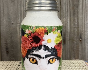 Frida Kahlo Cat, Mason Jar Tissue Holder Chalk Painted