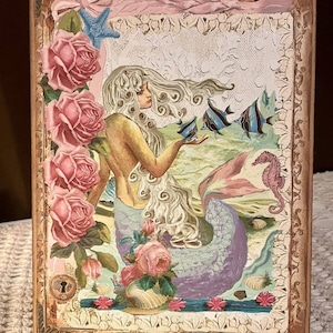 Mermaid, Pink Roses, Romantic, Shabby Chic, Handcrafted Plaque / Sign