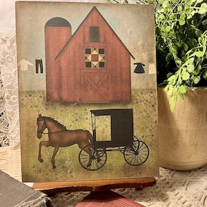 Primitive Folk Art Red Barn, Amish Buggy, Handcrafted Plaque / Sign