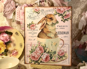Bunny Rabbit in Tea Cup, Pink Roses, Shabby Chic Sign / Plaque #3